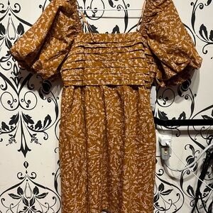 Brown Floral Puff Sleeve Dress